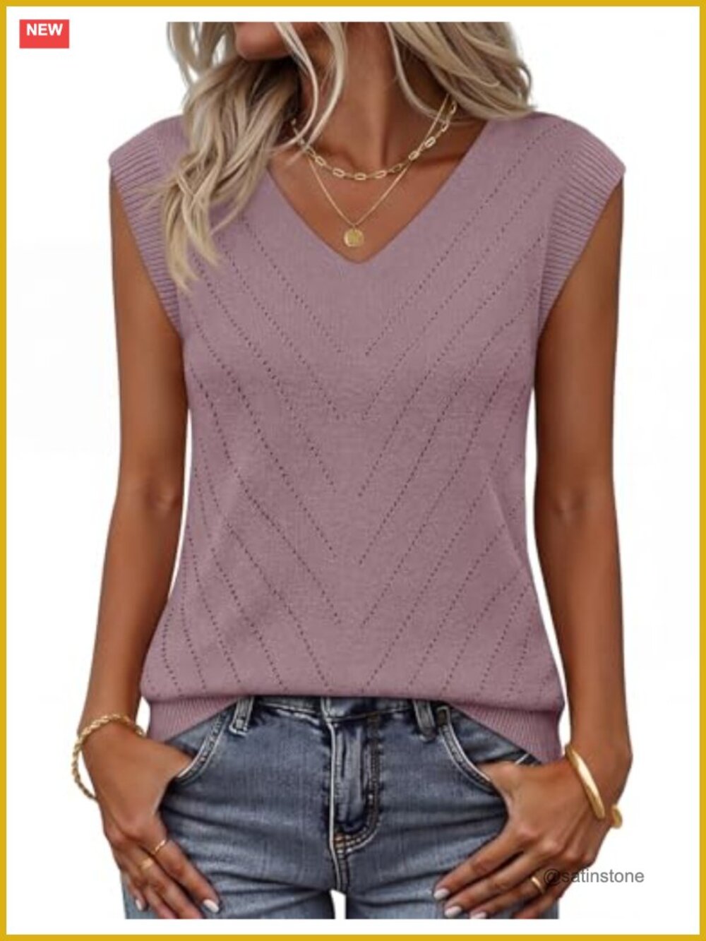 Lightweight Knit Sweater Vest V Neck Eyelet Sleeveless Tank Top